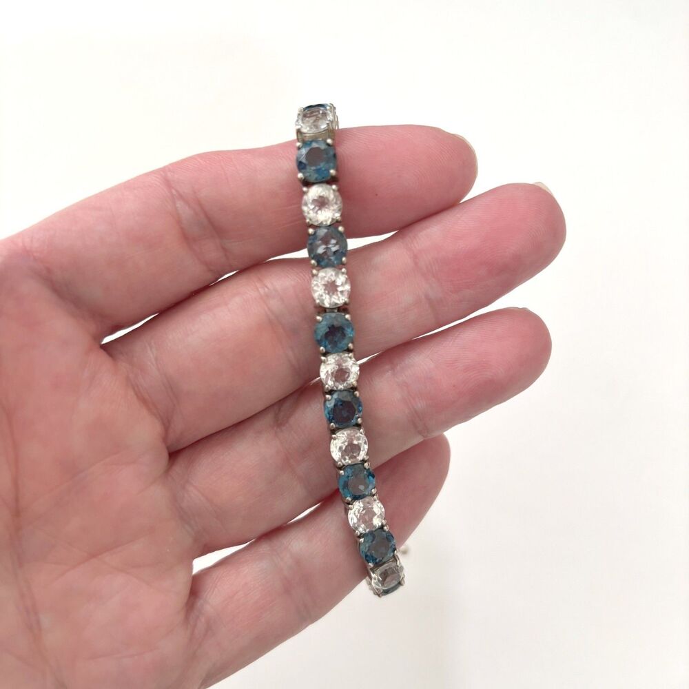 925 Sterling Silver Cobalt Blue Colorless CZ Gems Tennis Bracelet Old Money
